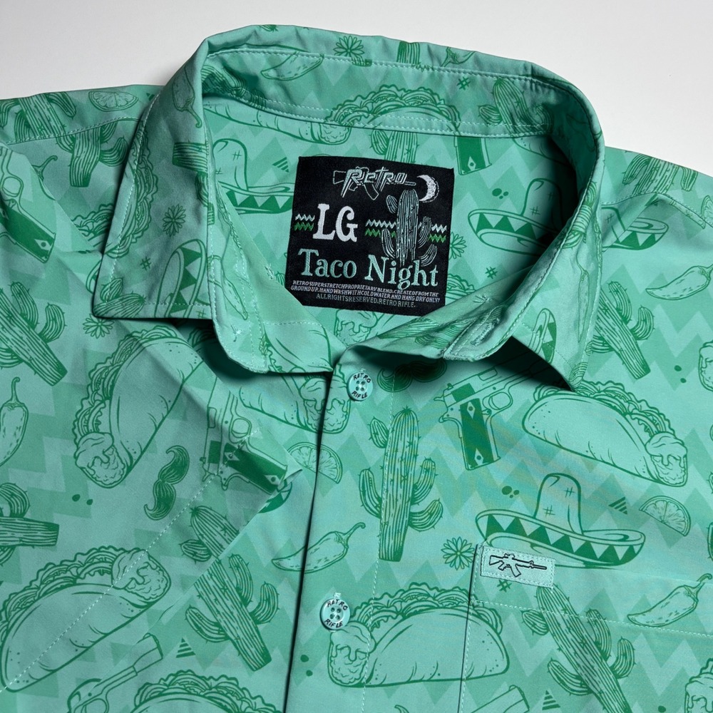 Retro Rifle Taco Night Tactical Green Mens L Short Sleeve Button Down Shirt